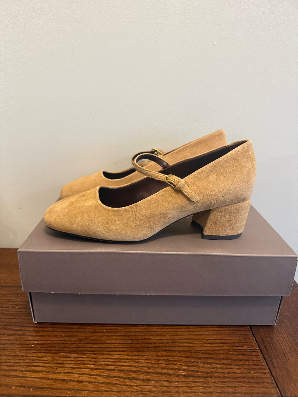 Franco Sarto Davi Suede Mary Jane Block Heel Pumps in Tan